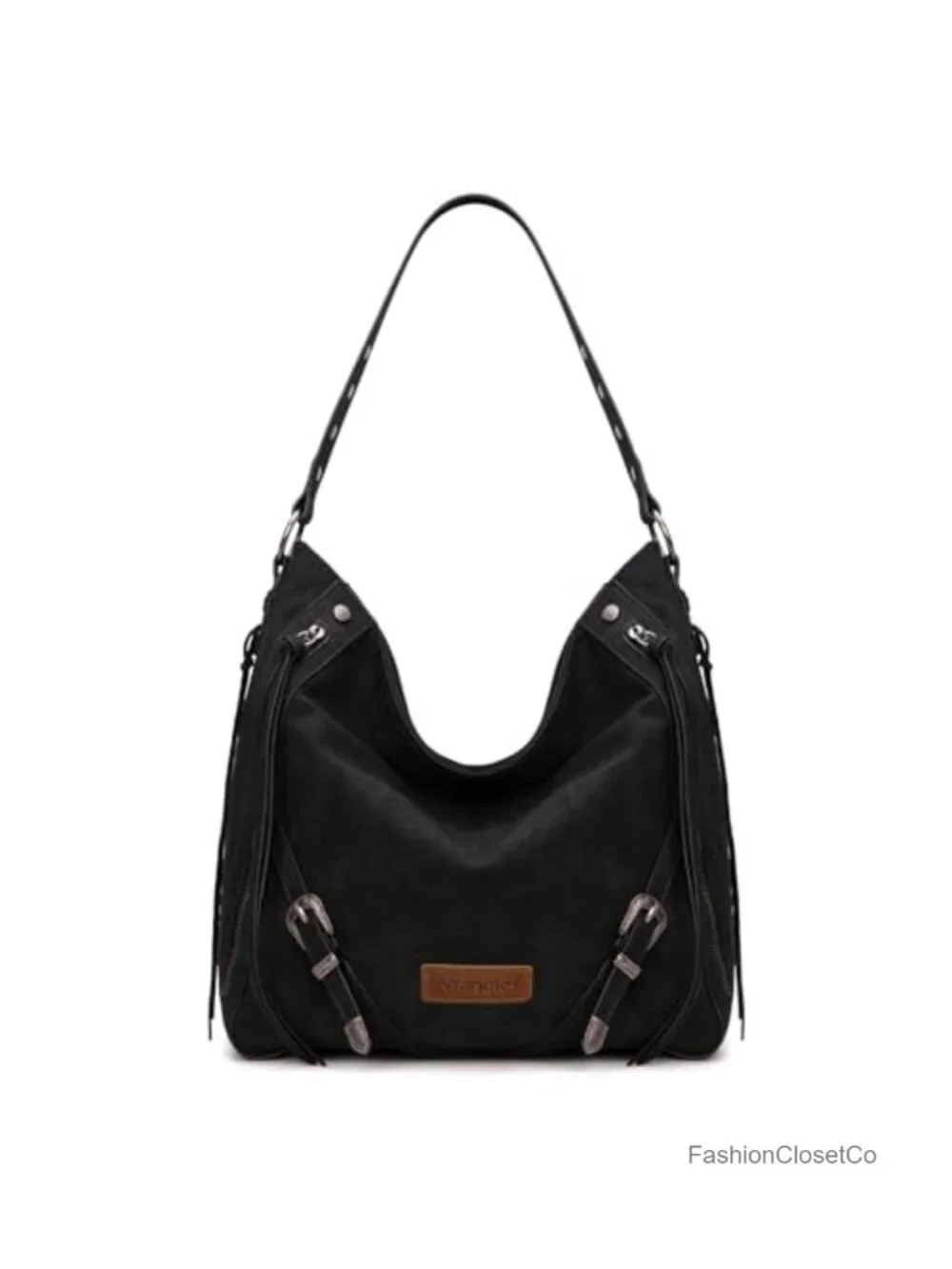 Large Hobo Shoulder Bag with Fringe and Buckles Faux Suede